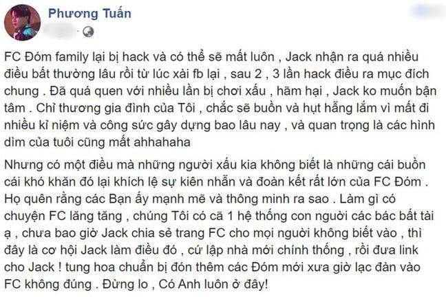 Tâm thư của Jack khẳng định bản thân đã quen với việc bị chơi xấu. - Ảnh: FB nhân vật.