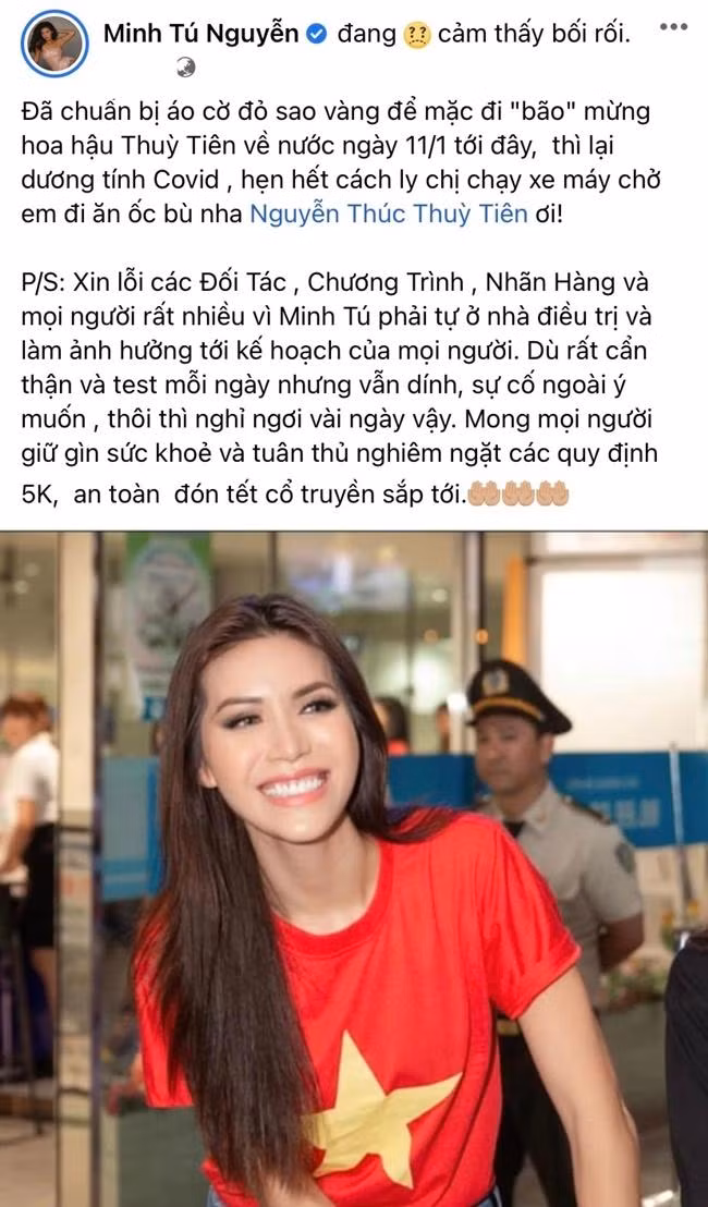 Bài đăng của Minh Tú thông báo cô đã nhiễm COVID-19. - Ảnh: FBNV. Bài đăng của Minh Tú thông báo cô đã nhiễm COVID-19. - Ảnh: FBNV.