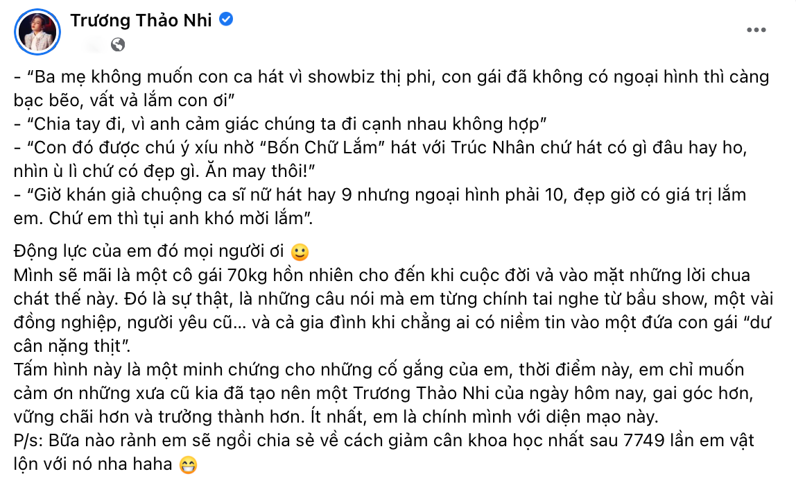 Những câu nói gây tổn thương mà Trương Thảo Nhi từng phải nghe được cô tiết lộ trên trang cá nhân. - Ảnh: FBNV.