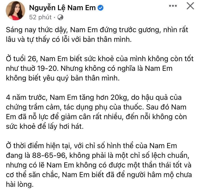 Việc Nam Em cố giảm cân tới mức không còn sức khỏe để hát khiến người hâm mộ xót xa. Ảnh: FBNV Việc Nam Em cố giảm cân tới mức không còn sức khỏe để hát khiến người hâm mộ xót xa. Ảnh: FBNV
