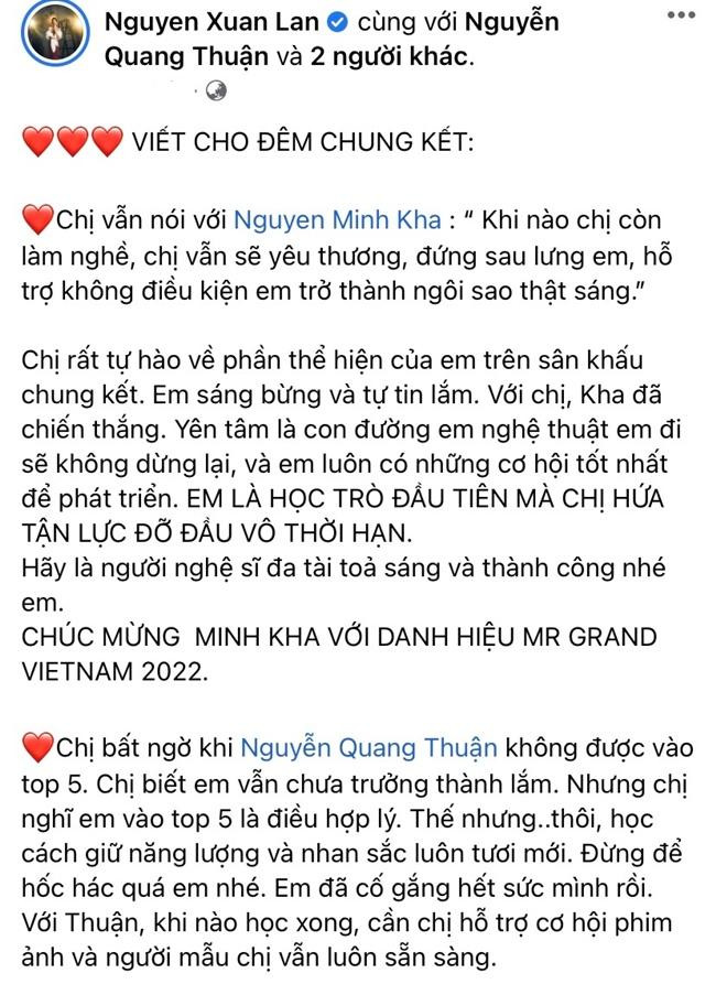 Tâm thư dài của Xuân Lan sau khi Quý Ông Hoàn Mỹ mùa đầu tiên khép lại. - Ảnh: FBNV. Tâm thư dài của Xuân Lan sau khi Quý Ông Hoàn Mỹ mùa đầu tiên khép lại. - Ảnh: FBNV.