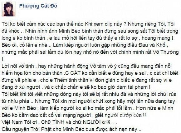 Bài đăng ủng hộ Minh Béo của Cát Phượng đã khiến cư dân mạng bùng nổ tranh cãi. - Ảnh: FB nhân vật.