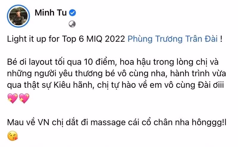 Minh Tú khẳng định Trân Đài chính là Hoa hậu trong lòng cô. - Ảnh: FBNV. Minh Tú khẳng định Trân Đài chính là Hoa hậu trong lòng cô. - Ảnh: FBNV.