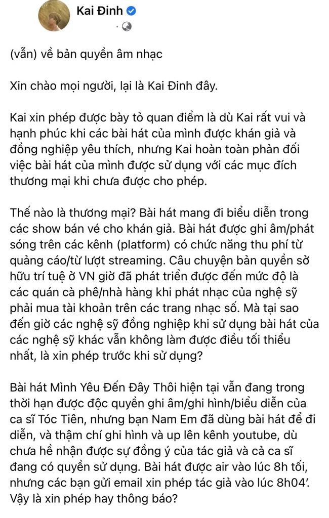 Bài viết của Kai Đinh tiết lộ việc Nam Em sử dụng bài hát độc quyền của Tóc Tiên trái phép. - Ảnh: FBNV.