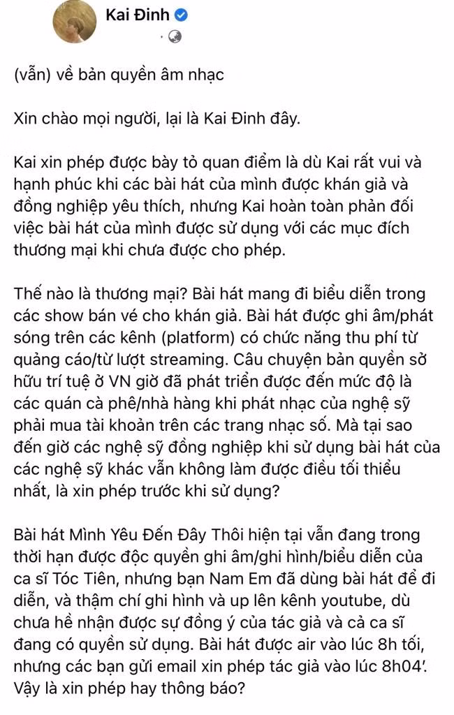Bài viết của Kai Đinh tiết lộ việc Nam Em sử dụng bài hát độc quyền của Tóc Tiên trái phép. - Ảnh: FBNV.