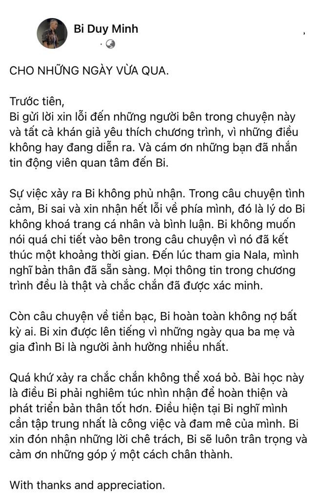 Sau gần một tuần, Duy Minh lên tiếng xin lỗi công chúng. - Ảnh: FBNV. Sau gần một tuần, Duy Minh lên tiếng xin lỗi công chúng. - Ảnh: FBNV.