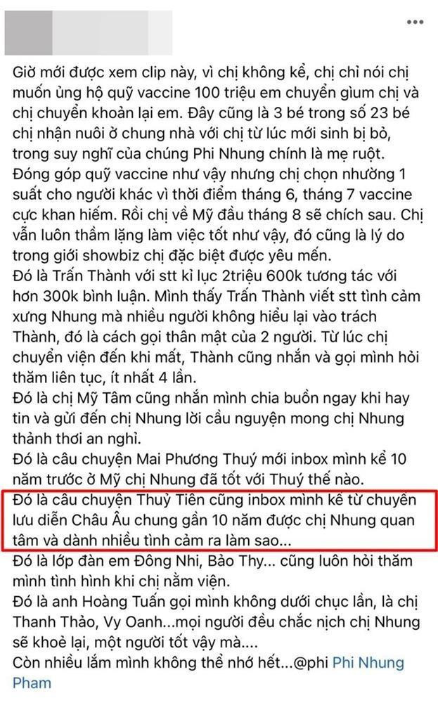 Bài đăng tiết lộ sự quan tâm của Thủy Tiên dành cho Phi Nhung của quản lý vào năm 2021.
