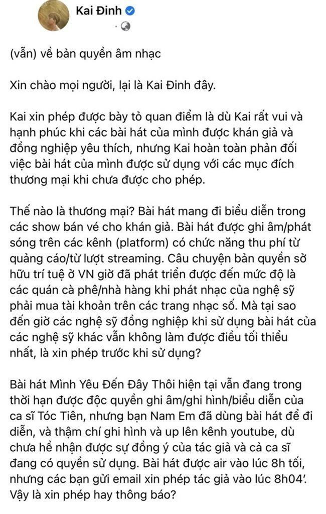 Bài viết dài của Kai Đinh thu hút sự chú ý của đông đảo công chúng. - Ảnh: FBNV.