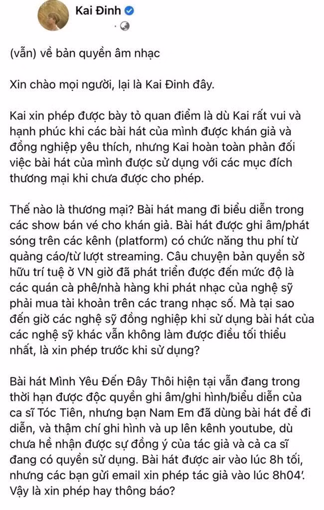 Bài viết dài của Kai Đinh thu hút sự chú ý của đông đảo công chúng. - Ảnh: FBNV. Bài viết dài của Kai Đinh thu hút sự chú ý của đông đảo công chúng. - Ảnh: FBNV.