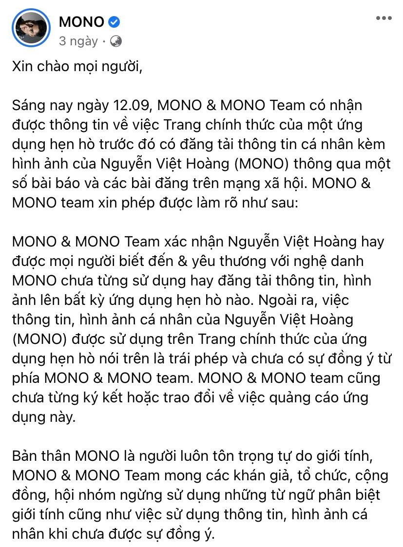 MONO khẳng định bản thân là người tôn trọng tự do giới tính - Ảnh: FBNV. MONO khẳng định bản thân là người tôn trọng tự do giới tính - Ảnh: FBNV.