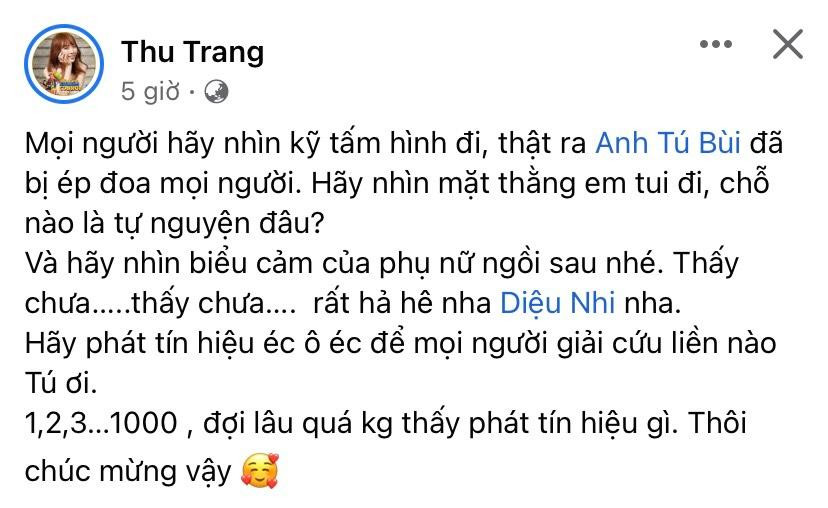 Thu Trang đùa rằng dựa vào biểu cảm trong ảnh thì Anh Tú đã bị &quot;ép&quot; kết hôn.