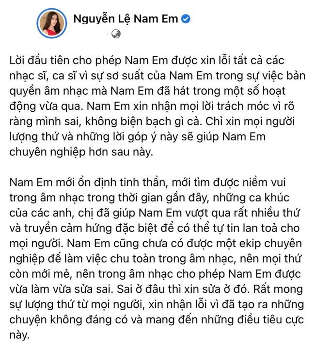 Nam Em nhanh chóng lên tiếng xin lỗi sau khi bị tố vi phạm bản quyền. - Ảnh: FBNV.