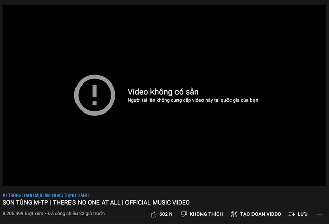 Trước đó, Sơn Tùng chỉ chặn người xem ở Việt Nam cho MV của mình. Trước đó, Sơn Tùng chỉ chặn người xem ở Việt Nam cho MV của mình.