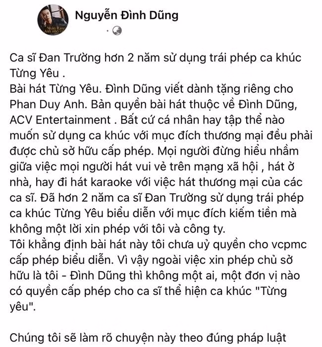 Bài đăng của nhạc sĩ Nguyễn Đình Dũng thu về hơn 7 ngàn lượt like. - Ảnh: FBNV.