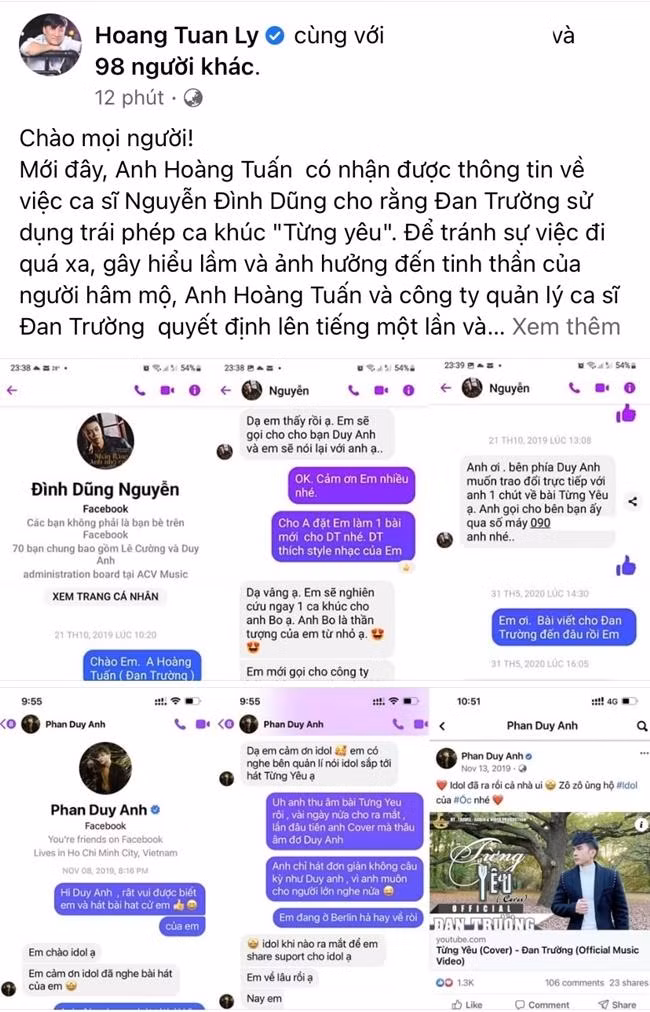 Phía Đan Trường tung ra bằng chứng về việc đã xin phép cả Đình Dũng và Duy Anh. - Ảnh: FBNV.