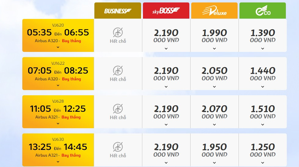 Vé máy bay hạng Business của Vietjet đã được đặt hết hoàn toàn trên nhiều chặng. Ảnh chụp màn hình ở chặng bay TPHCM - Đà Nẵng. Vé máy bay hạng Business của Vietjet đã được đặt hết hoàn toàn trên nhiều chặng. Ảnh chụp màn hình ở chặng bay TPHCM - Đà Nẵng.