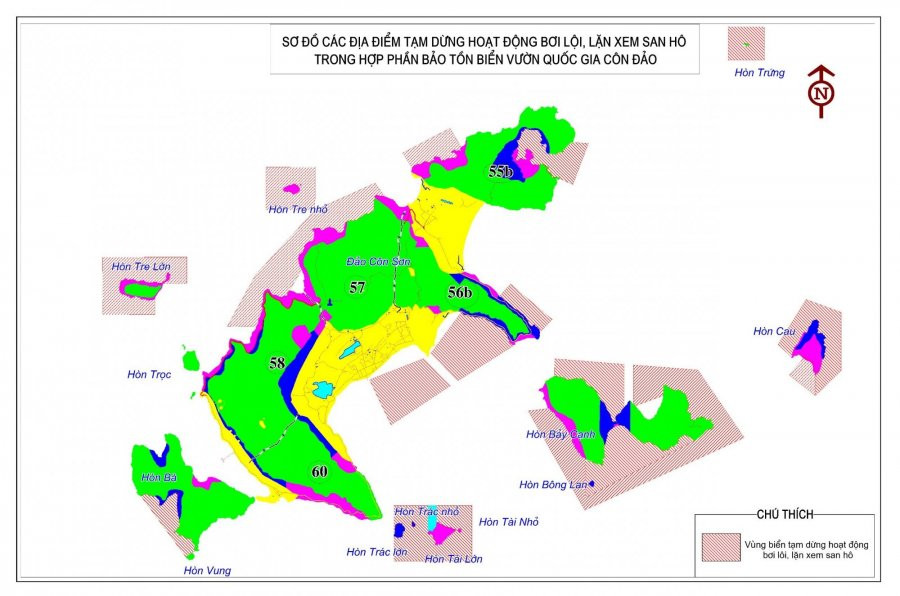 Sơ đồ các điểm tạm dừng các hoạt động bơi lội, lặn xem san hô trong một số hợp phần bảo tồn biển.