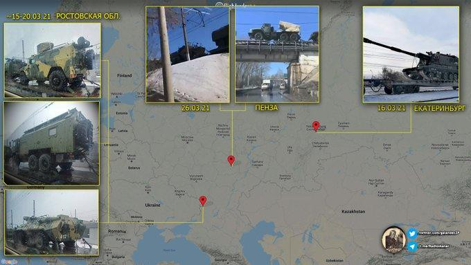 Qua hình ảnh cho thấy các phương tiện được vận chuyển bao gồm: pháo tự hành 152mm 2S19 Msta-S , xe chiến đấu bộ binh BMP-3 và các phương tiện quân sự khác.