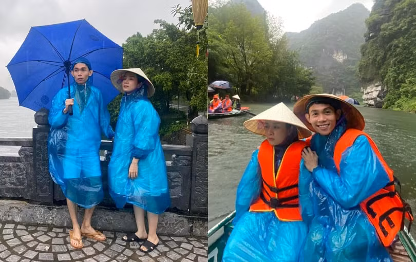 Bức ảnh kỷ niệm của DJ Mie và diễn viên Hồng Thanh khi đi du lịch Ninh Bình vào đúng ngày mưa lớn. Ảnh: NVCC.