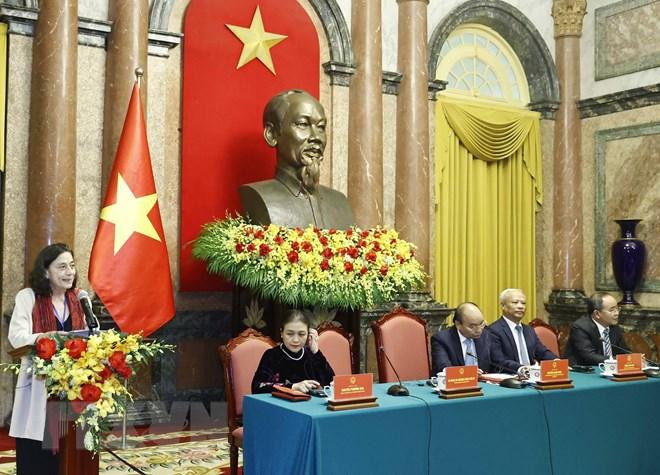 Chủ tịch Hội đồng Hòa bình thế giới Socorro Gomes Coelho phát biểu. (Ảnh: Thống Nhất/TTXVN) Chủ tịch Hội đồng Hòa bình thế giới Socorro Gomes Coelho phát biểu. (Ảnh: Thống Nhất/TTXVN)