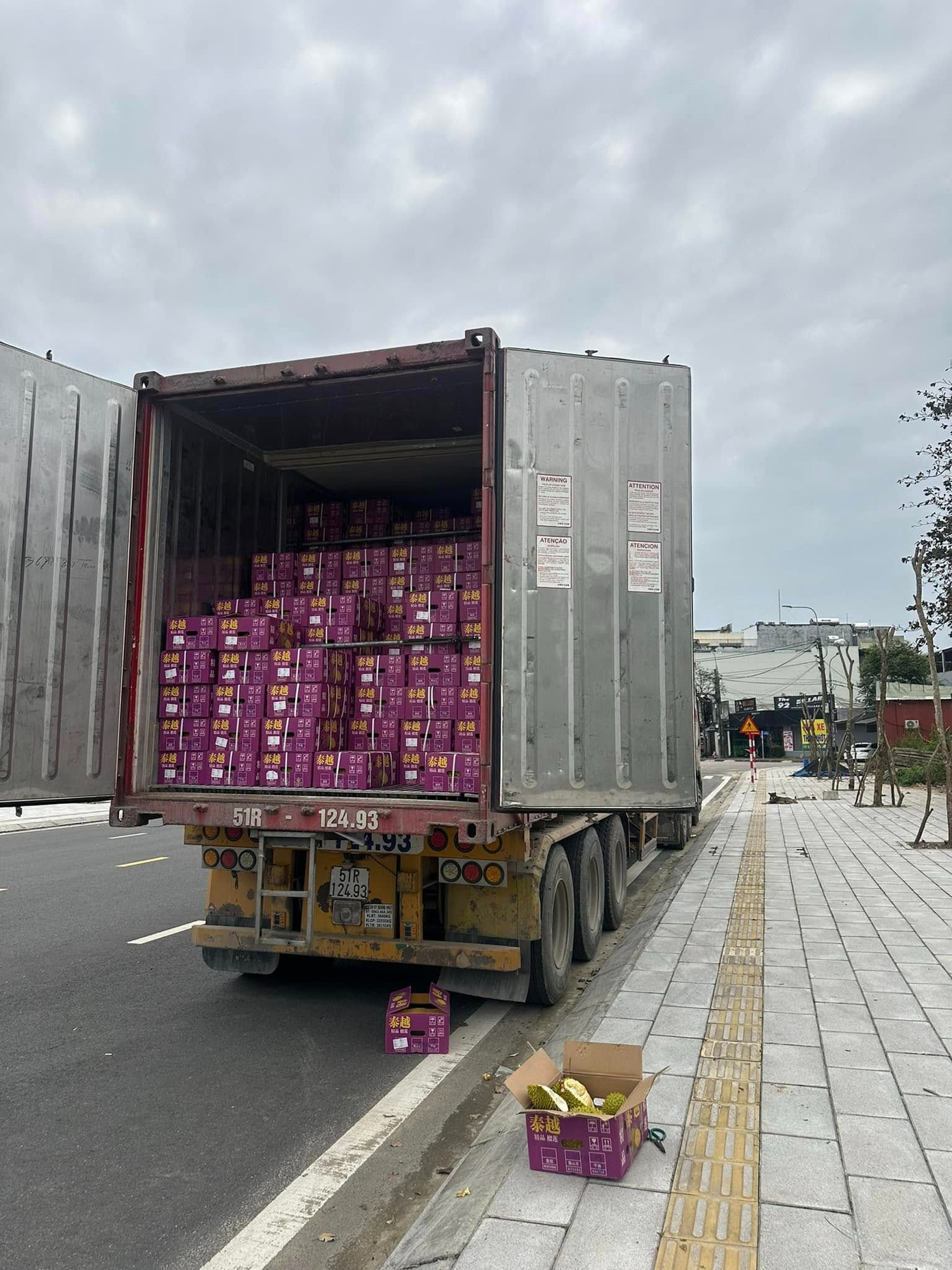Container sầu riêng bán giải cứu tại Tam Kỳ, Quảng Nam. Ảnh: Nga Nguyễn.