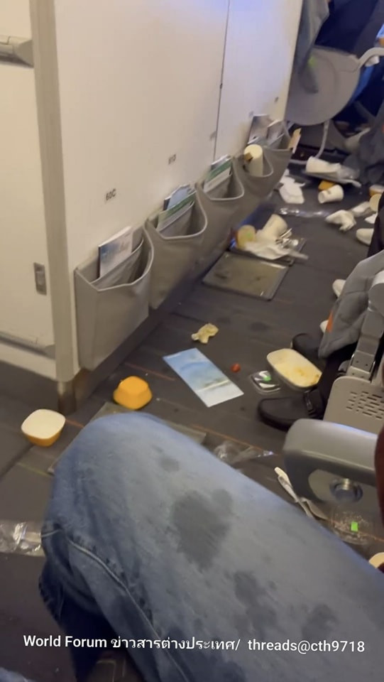 Nhiều nơi trên máy bay và quần áo hành khách đều bị vấy bẩn bởi thức ăn. Ảnh: World Forum.