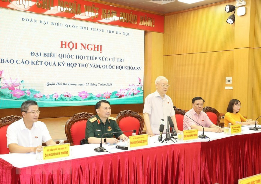 Tổng Bí thư Nguyễn Phú Trọng phát biểu với cử tri tại quận Hai Bà Trưng. (Ảnh: Trí Dũng/TTXVN) Tổng Bí thư Nguyễn Phú Trọng phát biểu với cử tri tại quận Hai Bà Trưng. (Ảnh: Trí Dũng/TTXVN)