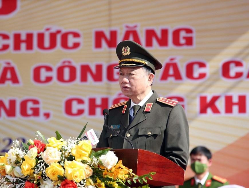 Đại tướng Tô Lâm, Ủy viên Bộ Chính trị, Bộ trưởng Bộ Công an phát biểu. (Ảnh: TTXVN phát)