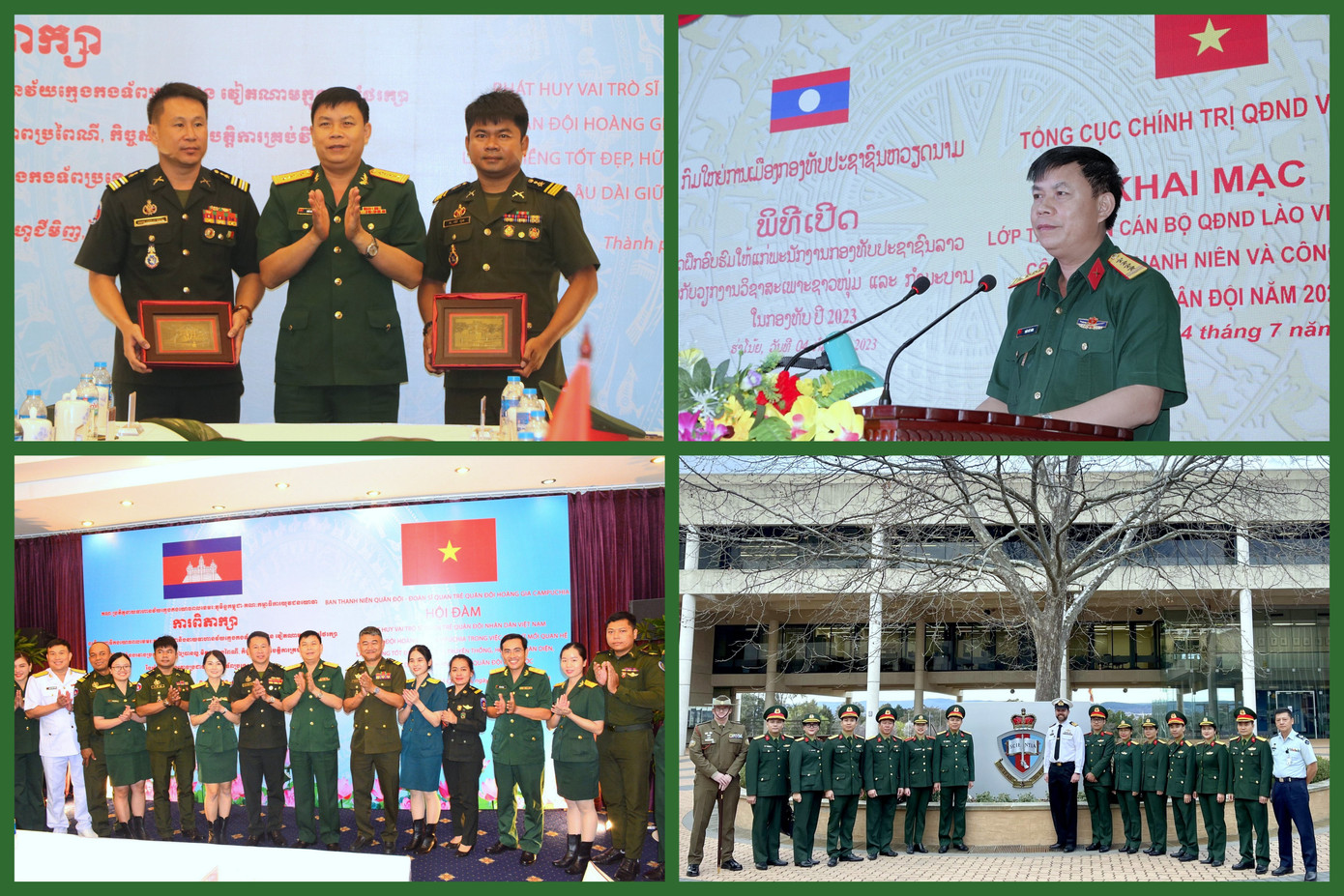 9. Hoạt động giao lưu sĩ quan trẻ với quân đội các nước tiếp tục được tiến hành hiệu quả. Nổi bật là tổ chức tập huấn cho cán bộ Quân đội nhân dân Lào về nghiệp vụ công tác thanh niên; giao lưu sĩ quan trẻ Quân đội nhân dân Việt Nam với sĩ quan trẻ Quân đội các nước ASEAN - Trung Quốc, Hàn Quốc, Campuchia, Singapore, Australia… 9. Hoạt động giao lưu sĩ quan trẻ với quân đội các nước tiếp tục được tiến hành hiệu quả. Nổi bật là tổ chức tập huấn cho cán bộ Quân đội nhân dân Lào về nghiệp vụ công tác thanh niên; giao lưu sĩ quan trẻ Quân đội nhân dân Việt Nam với sĩ quan trẻ Quân đội các nước ASEAN - Trung Quốc, Hàn Quốc, Campuchia, Singapore, Australia…