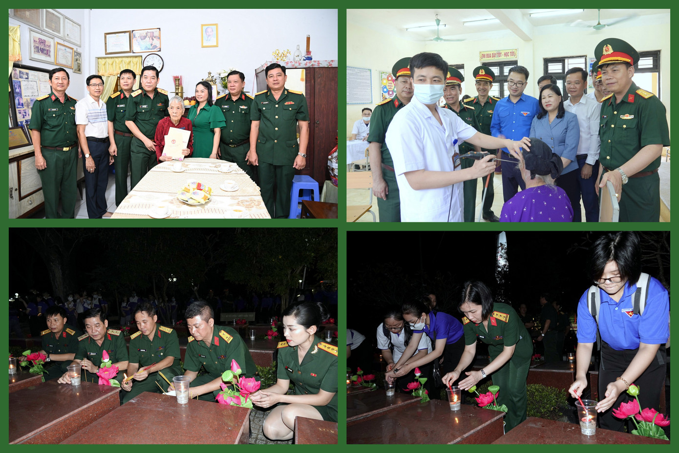 5. “Tháng 7 tri ân” của tuổi trẻ Quân đội với nhiều hoạt động mang nặng nghĩa tình: Tặng 6.386 suất quà đến Mẹ Việt Nam Anh hùng, Anh hùng Lực lượng vũ trang nhân dân, thương binh, bệnh binh, gia đình có công với cách mạng, học sinh vượt khó học giỏi; 100% tổ chức Đoàn các cấp đã tổ chức, tham gia cùng địa phương đồng loạt thắp nến tri ân tại các nghĩa trang, đài tưởng niệm các Anh hùng liệt sĩ (tối 26/7) trên phạm vi toàn quốc. 5. “Tháng 7 tri ân” của tuổi trẻ Quân đội với nhiều hoạt động mang nặng nghĩa tình: Tặng 6.386 suất quà đến Mẹ Việt Nam Anh hùng, Anh hùng Lực lượng vũ trang nhân dân, thương binh, bệnh binh, gia đình có công với cách mạng, học sinh vượt khó học giỏi; 100% tổ chức Đoàn các cấp đã tổ chức, tham gia cùng địa phương đồng loạt thắp nến tri ân tại các nghĩa trang, đài tưởng niệm các Anh hùng liệt sĩ (tối 26/7) trên phạm vi toàn quốc.