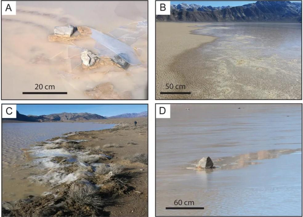 Các nhà nghiên cứu kết luận rằng hiện tượng phụ thuộc vào mưa, gió và nhiệt độ thấp. Những tảng đá di chuyển khi một lớp băng dày từ 3 đến 6 mm vỡ ra với sức gió không vượt quá 5 m/s. Nếu nó dày hơn, băng sẽ không nổi trên nước lỏng. Khi bị gió làm dịch chuyển, chúng đẩy các tảng đá khác nhau với tốc độ từ 2 đến 5 m/s. Ảnh: Reproduction / Richard Norris at al. Các nhà nghiên cứu kết luận rằng hiện tượng phụ thuộc vào mưa, gió và nhiệt độ thấp. Những tảng đá di chuyển khi một lớp băng dày từ 3 đến 6 mm vỡ ra với sức gió không vượt quá 5 m/s. Nếu nó dày hơn, băng sẽ không nổi trên nước lỏng. Khi bị gió làm dịch chuyển, chúng đẩy các tảng đá khác nhau với tốc độ từ 2 đến 5 m/s. Ảnh: Reproduction / Richard Norris at al.