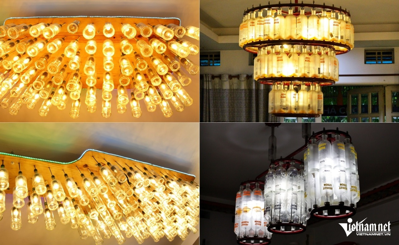 Ông Bình tự tay thiết kế, sáng tạo các loại đèn trần, đèn trang trí,... bằng vỏ chai cho các căn phòng trong nhà. Ảnh: Hà Nguyễn Ông Bình tự tay thiết kế, sáng tạo các loại đèn trần, đèn trang trí,... bằng vỏ chai cho các căn phòng trong nhà. Ảnh: Hà Nguyễn