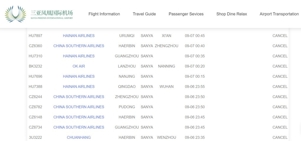 Nhiều chuyến bay đến/đi từ sân bay quốc tế Mỹ Lan Hải Khẩu đều bị hủy. Nguồn: HAK