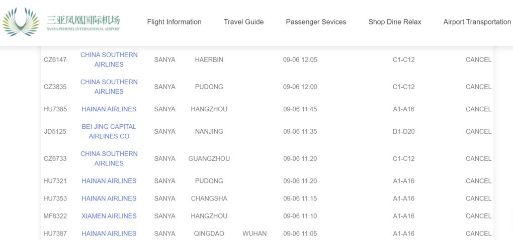 Nhiều chuyến bay đến/đi từ sân bay quốc tế Mỹ Lan Hải Khẩu đều bị hủy. Nguồn: HAK