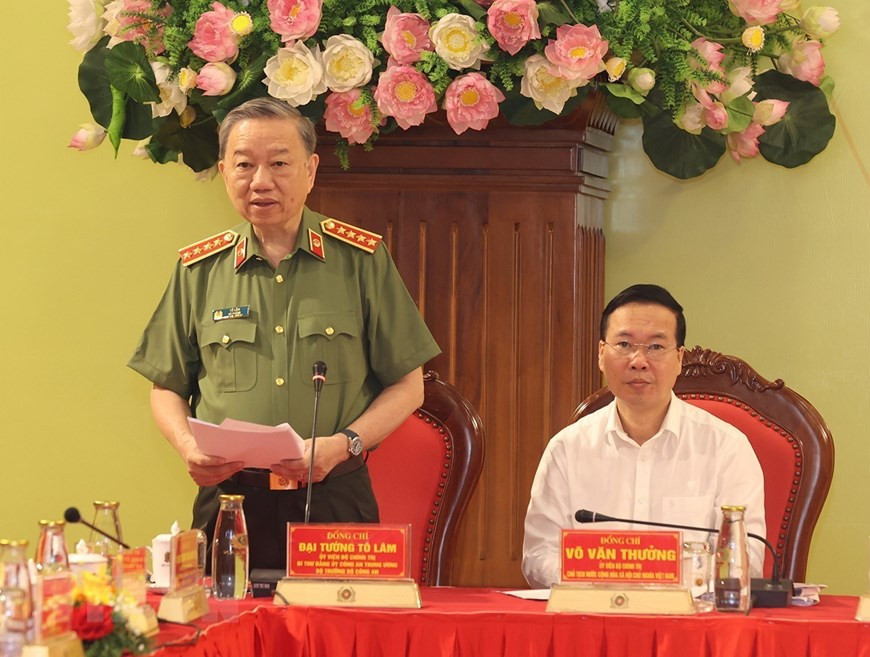 Đại tướng Tô Lâm, Ủy viên Bộ Chính trị, Bí thư Đảng ủy Công an Trung ương, Bộ trưởng Bộ Công an phát biểu khai mạc hội nghị. Ảnh: Trí Dũng/TTXVN