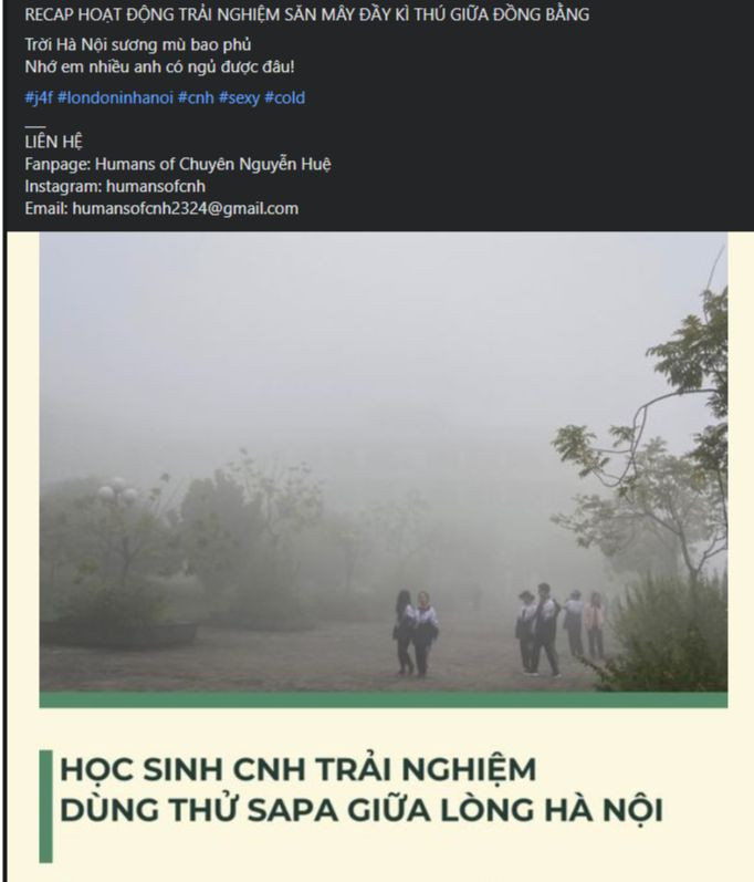Các học sinh trường Chuyên Nguyễn Huệ có bài đăng hài hước về việc trải nghiệm Hà Nội mù sương. Ảnh: Humans of Chuyên Nguyễn Huệ.