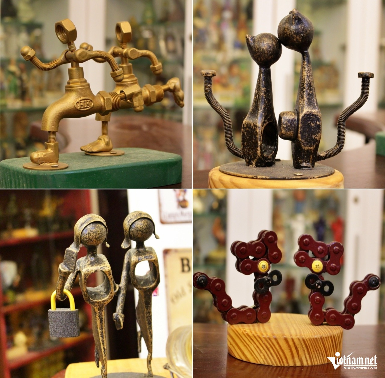 Ông Bình biến đồ phế liệu, cơ khí cũ, hỏng thành đồ vật trang trí . Ảnh: Hà Nguyễn Ông Bình biến đồ phế liệu, cơ khí cũ, hỏng thành đồ vật trang trí . Ảnh: Hà Nguyễn