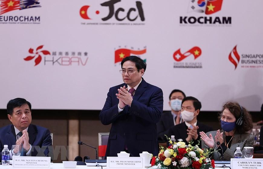 Phiên cấp cao Diễn đàn doanh nghiệp Việt Nam thường niên (VBF) tập trung thảo luận 3 chủ đề chính. (Ảnh: Dương Giang/TTXVN)