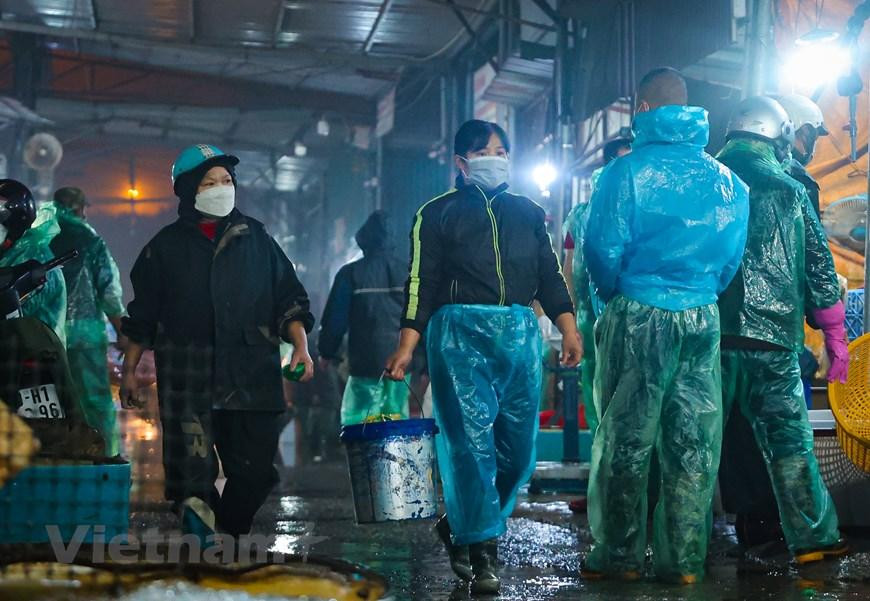 Người mua, kẻ bán hối hả trong đêm. (Ảnh: Minh Hiếu/Vietnam+)