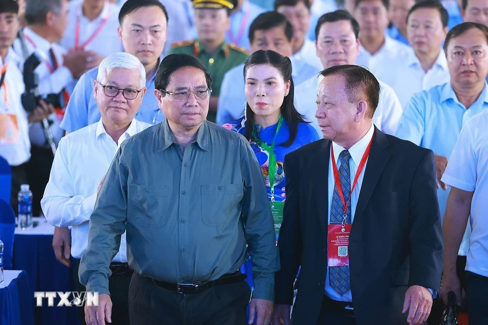 Thủ tướng Phạm Minh Chính dự Lễ khởi công dự án cao tốc TPHCM - Thủ Dầu Một - Chơn Thành đoạn qua tỉnh Bình Dương. (Ảnh: Dương Giang/TTXVN)