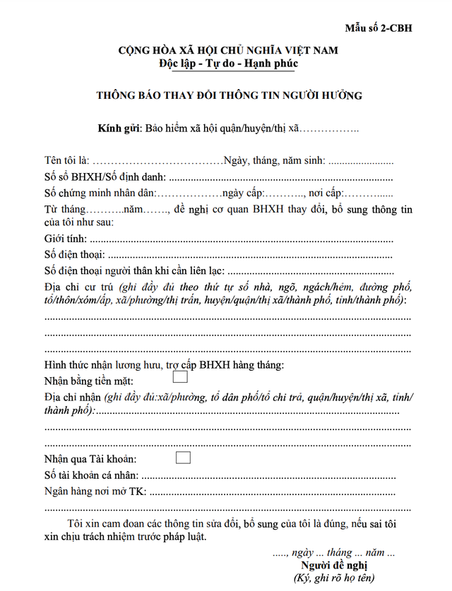 Thay đổi thông tin người hưởng theo mẫu số 2-CBH kê khai lại số tài khoản ngân hàng