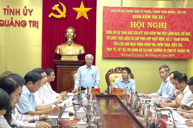 Quang cảnh buổi công bố dự thảo kết quả kiểm tra tại Ban Thường vụ Tỉnh ủy Quảng Trị. (Ảnh: Thanh Thủy/TTXVN)