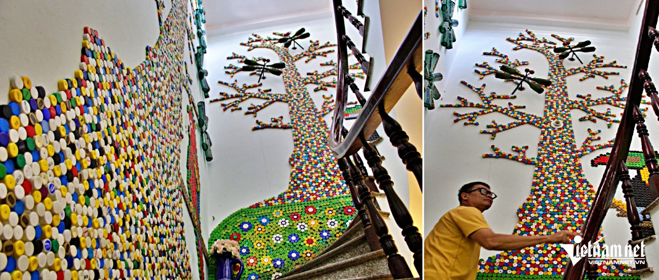 Các loại nắp chai, vỏ chai được ông tận dụng, biến thành tranh trang trí với nhiều chủ đề khác nhau. Ảnh: Hà Nguyễn Các loại nắp chai, vỏ chai được ông tận dụng, biến thành tranh trang trí với nhiều chủ đề khác nhau. Ảnh: Hà Nguyễn