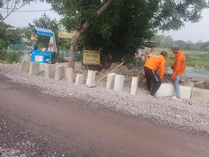 Công nhân đang làm phần bó vỉa bên lề đường.