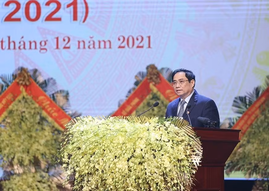 Hình ảnh Thủ tướng Phạm Minh Chính đọc diễn văn tại lễ kỷ niệm. (Ảnh: Dương Giang/TTXVN) Hình ảnh Thủ tướng Phạm Minh Chính đọc diễn văn tại lễ kỷ niệm. (Ảnh: Dương Giang/TTXVN)