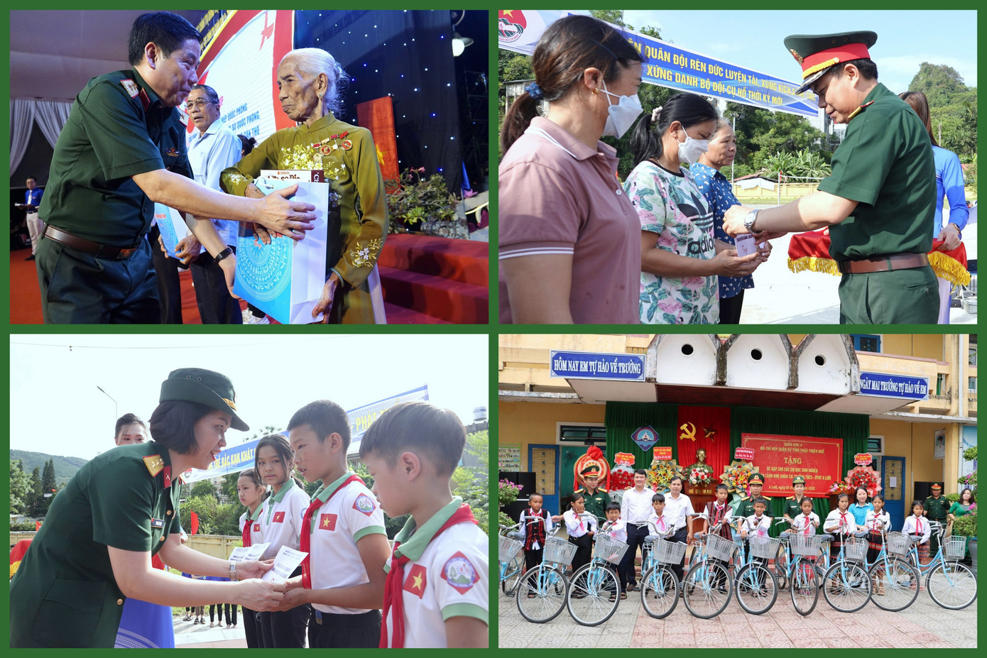 3. Với tinh thần xung kích tình nguyện vì cộng đồng, tuổi trẻ Quân đội và các cơ quan, đơn vị đồng hành đã trao 10.000 suất quà tặng các đối tượng chính sách, học sinh có hoàn cảnh khó khăn vượt khó học giỏi. 3. Với tinh thần xung kích tình nguyện vì cộng đồng, tuổi trẻ Quân đội và các cơ quan, đơn vị đồng hành đã trao 10.000 suất quà tặng các đối tượng chính sách, học sinh có hoàn cảnh khó khăn vượt khó học giỏi.