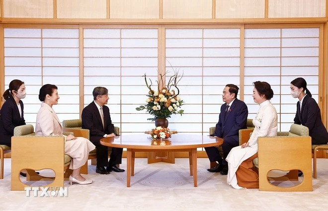Chủ tịch Quốc hội Trần Thanh Mẫn và Phu nhân hội kiến Nhà vua Naruhito cùng Hoàng hậu Masako. (Ảnh: Doãn Tấn/TTXVN) Chủ tịch Quốc hội Trần Thanh Mẫn và Phu nhân hội kiến Nhà vua Naruhito cùng Hoàng hậu Masako. (Ảnh: Doãn Tấn/TTXVN)
