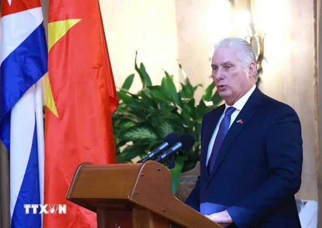 Bí thư thứ nhất Đảng Cộng sản Cuba, Chủ tịch Cuba Miguel Diaz Canel Bermudez phát biểu. (Ảnh: Lâm Khánh/TTXVN) Bí thư thứ nhất Đảng Cộng sản Cuba, Chủ tịch Cuba Miguel Diaz Canel Bermudez phát biểu. (Ảnh: Lâm Khánh/TTXVN)