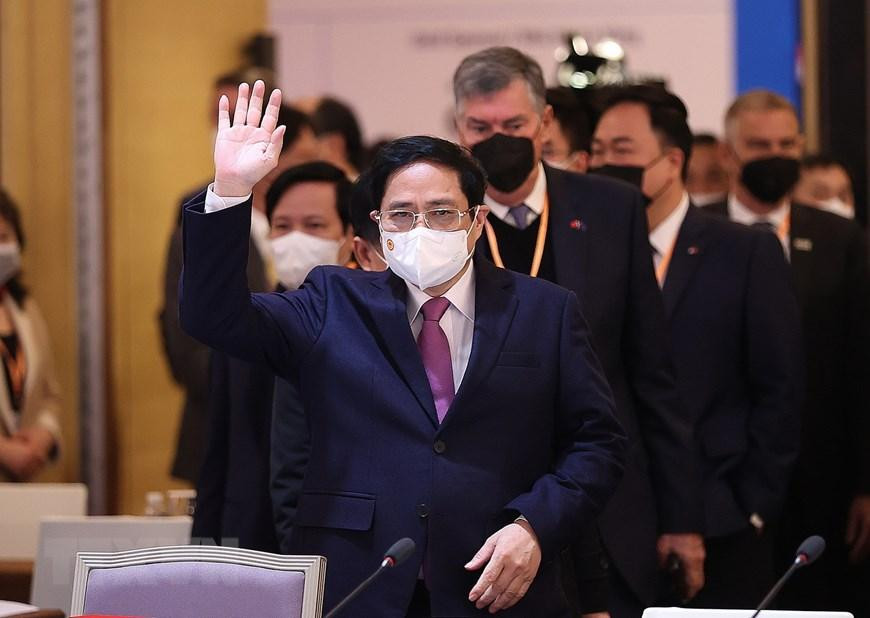 Sáng 21/2, tại Hà Nội, Thủ tướng Phạm Minh Chính đến dự Phiên cấp cao VBF. (Ảnh: Dương Giang/TTXVN)