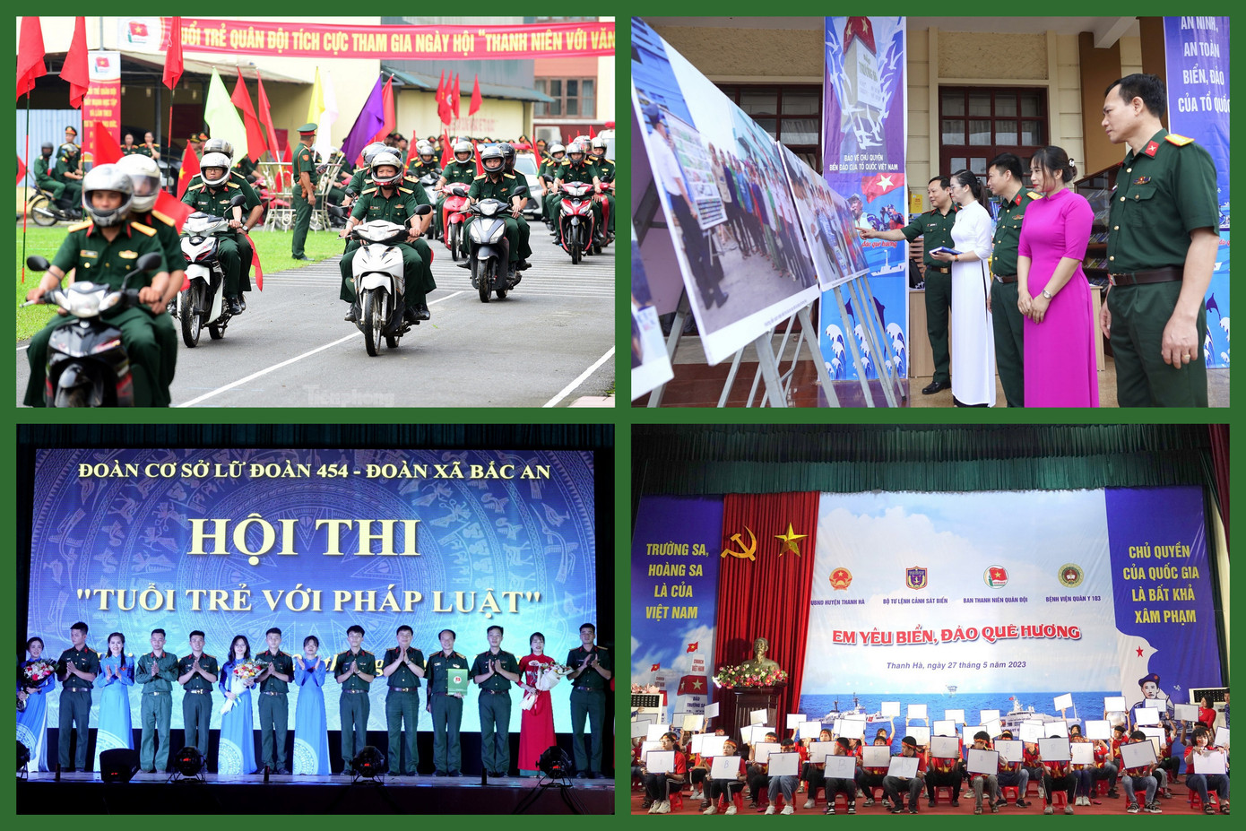 6. Cùng với đó, tuổi trẻ các đơn vị đã tổ chức thành công các chương trình, ngày hội, cuộc thi: Nghĩa tình biên giới, biển đảo; Thanh niên Quân đội với văn hóa giao thông; Em yêu biển đảo quê hương; Thanh niên với pháp luật. 6. Cùng với đó, tuổi trẻ các đơn vị đã tổ chức thành công các chương trình, ngày hội, cuộc thi: Nghĩa tình biên giới, biển đảo; Thanh niên Quân đội với văn hóa giao thông; Em yêu biển đảo quê hương; Thanh niên với pháp luật.